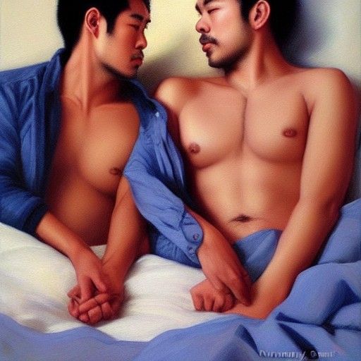 Realistic Oil Painting: Asian Couple in Bed