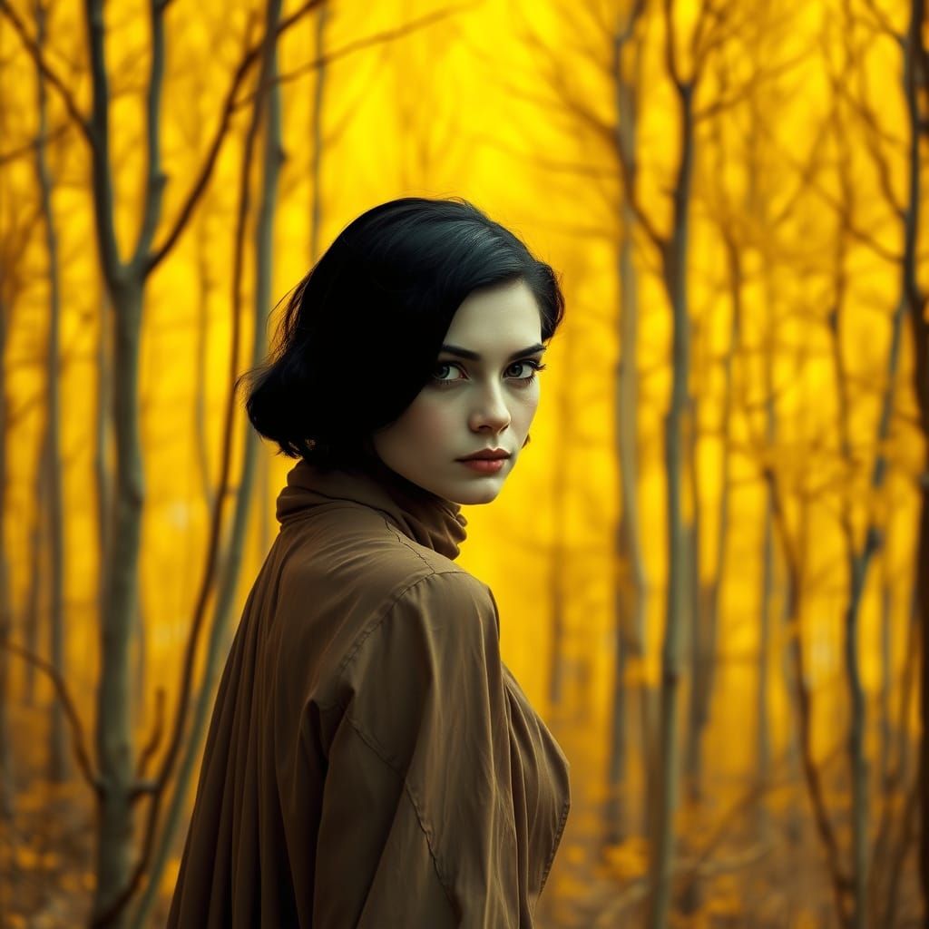 Ethereal Portrait of a Melancholic Woman in a Vibrant Forest