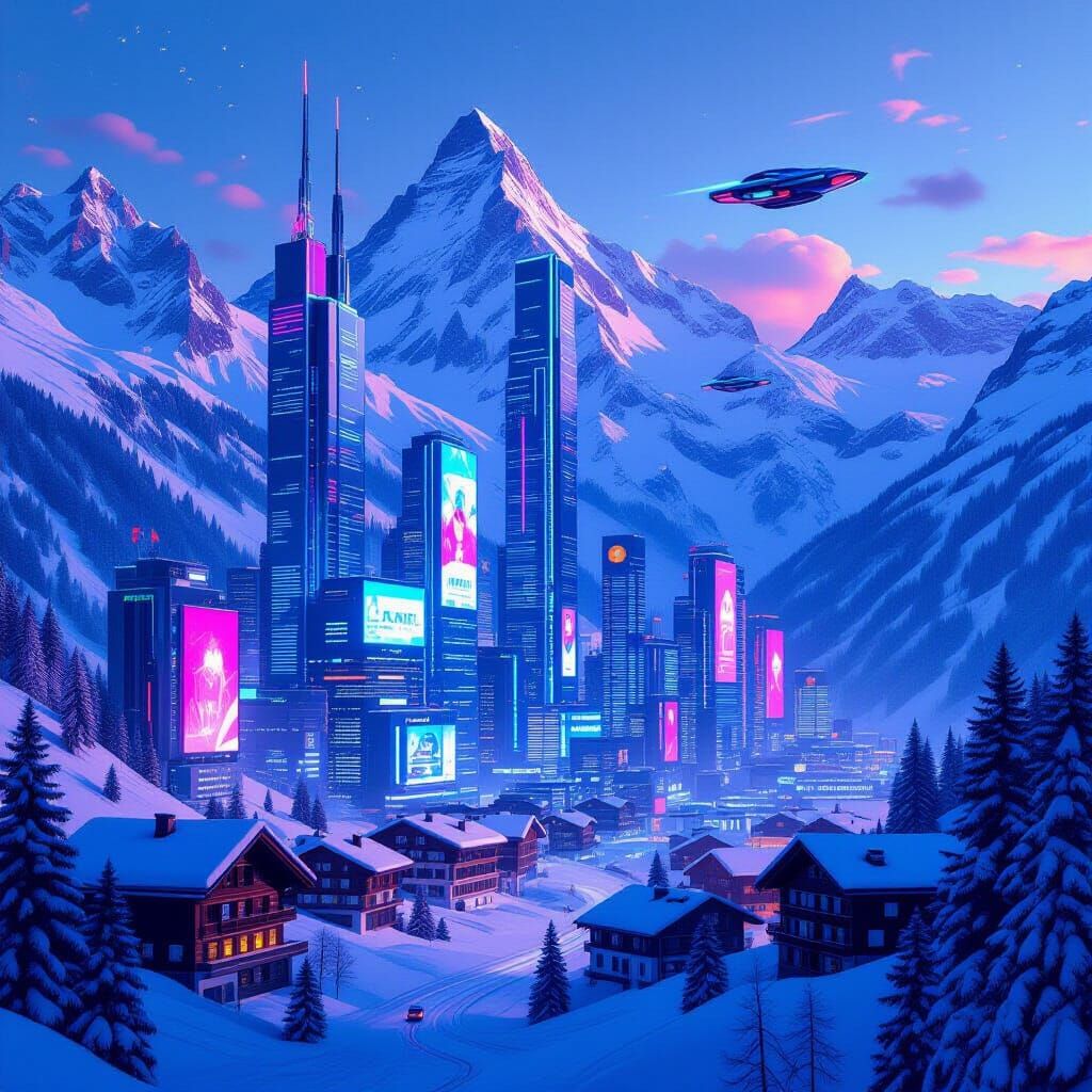 Cyberpunk Swiss Alps Cityscape with Neon Skyscrapers