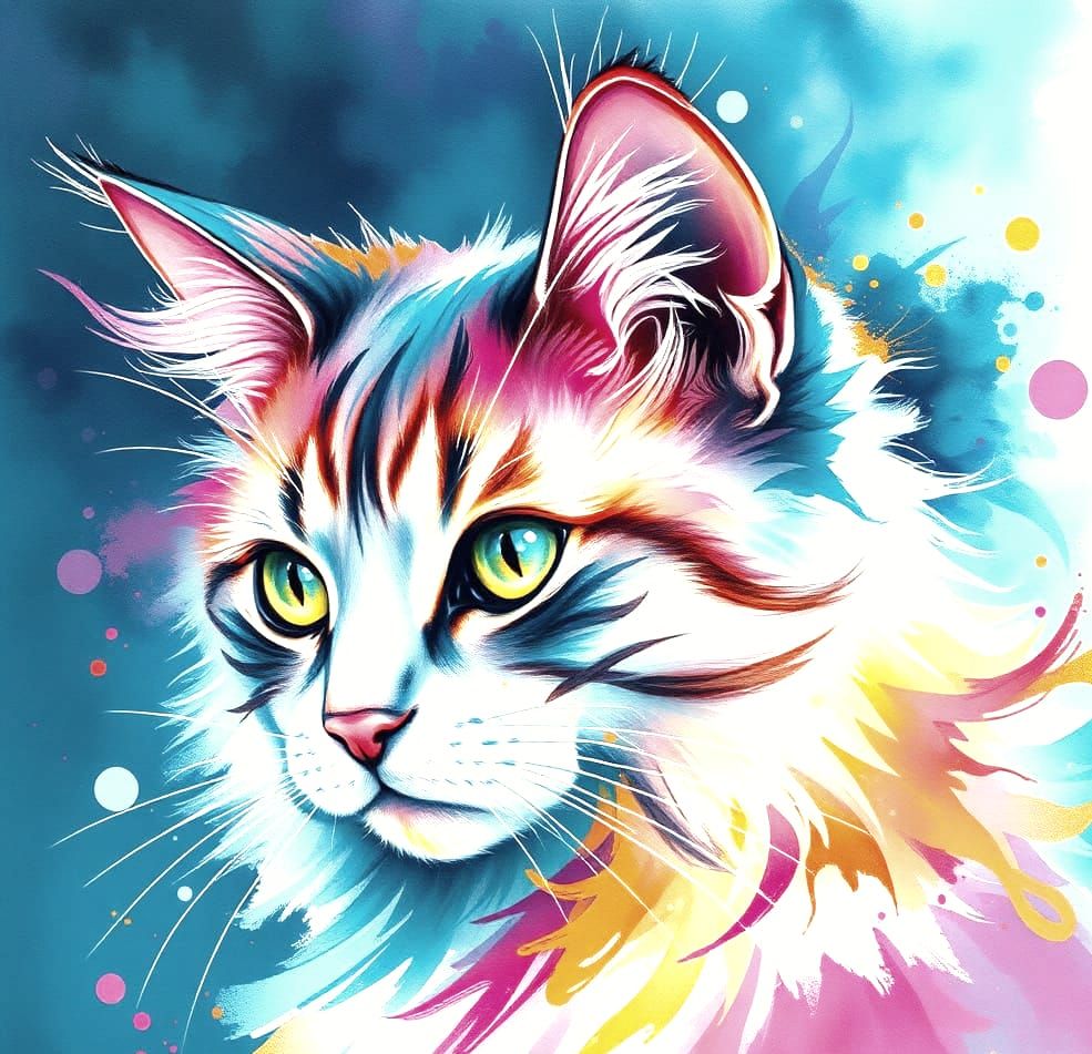 Surreal Watercolor Cat in Dreamy, Abstract Style