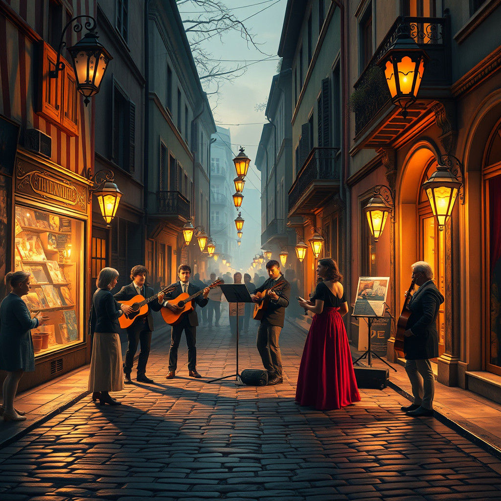 Sextet Performance on Cobblestone Street in Fantasy Realism