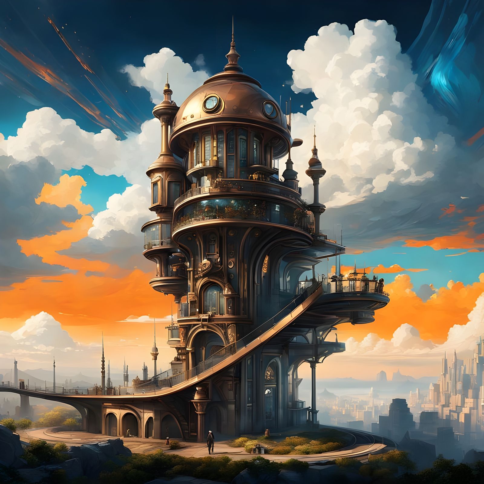 Ethereal Futuristic Museum in Steampunk Harmony