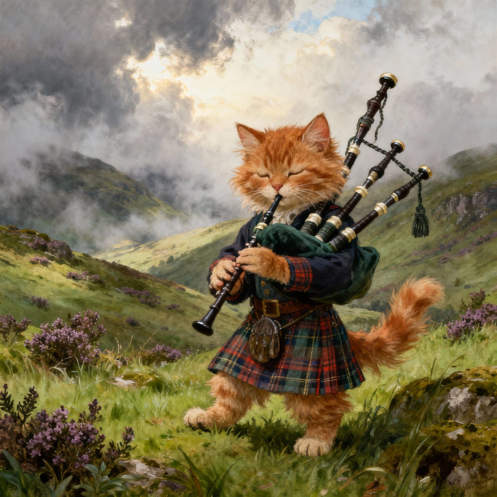 Fluffy Kitten Plays Bagpipes in Misty Scottish Highlands