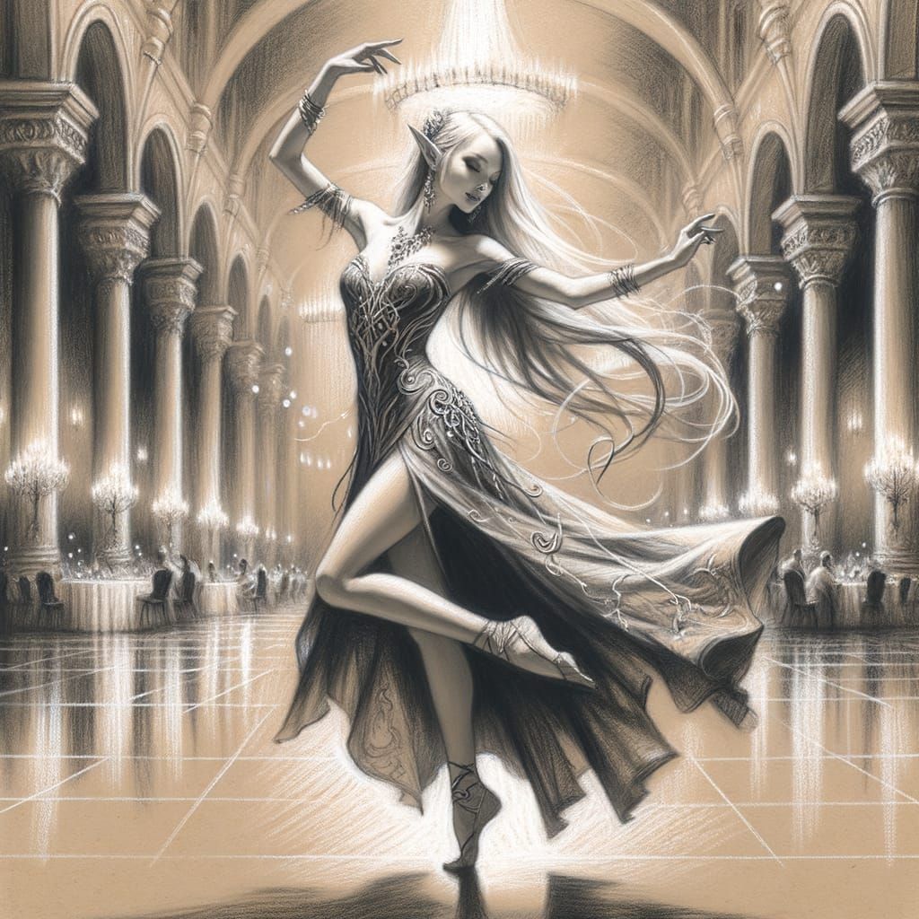 Elegant Elven Woman Dancing in Charcoal Style