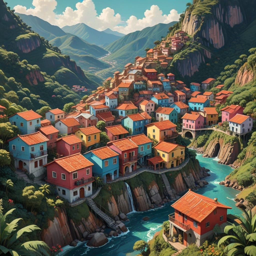 Whimsical Colombian Village in Vibrant Colors and Lush Mount...