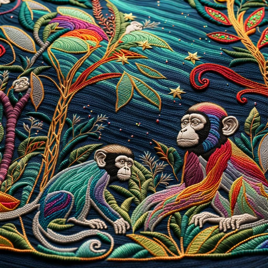 Surreal Embroidered Jungle with Monkeys in William Morris St...