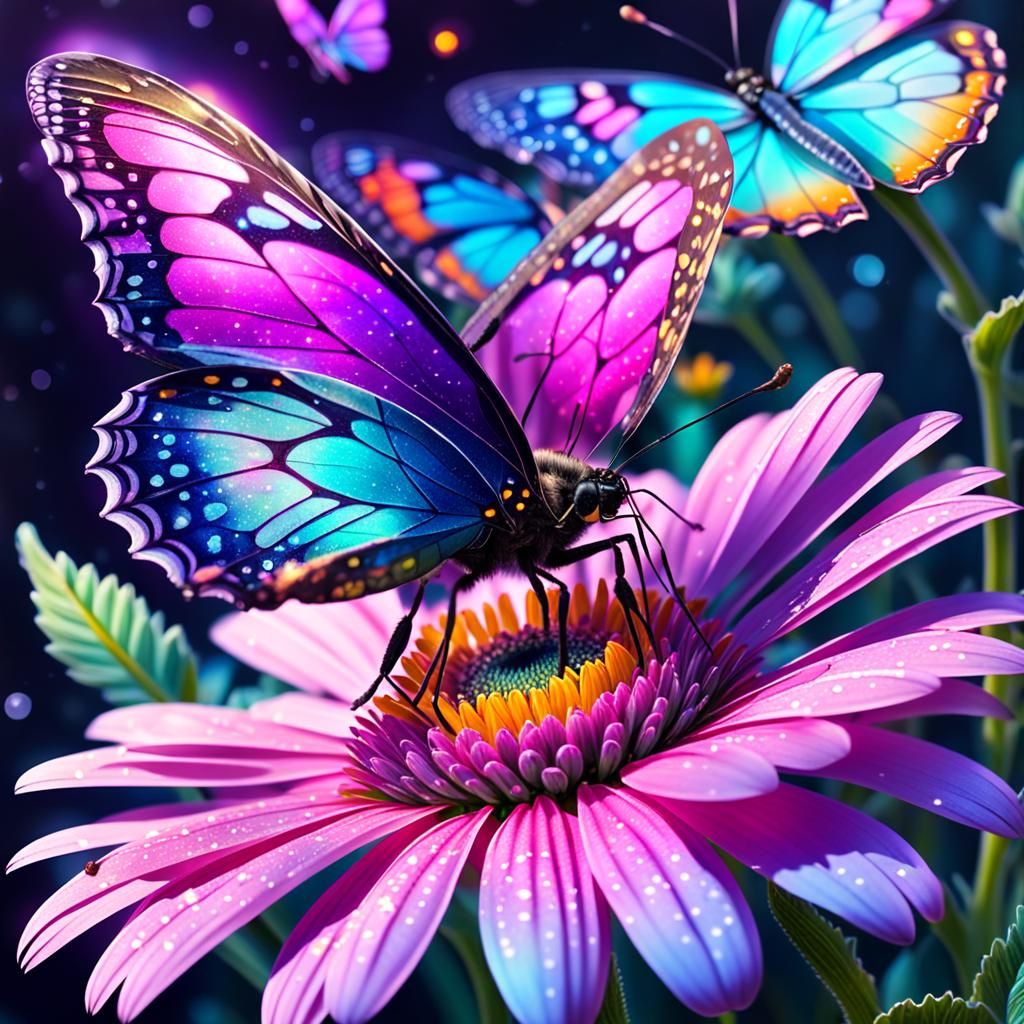 Purple Daisy and Butterfly in Astral Illustration