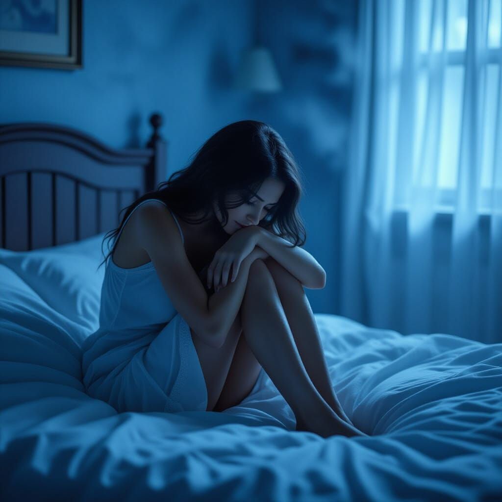 Sad Silhouette: Woman in Blue Misty Room