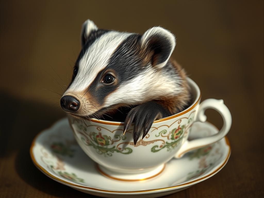 Badger Sipping Tea in a Cup