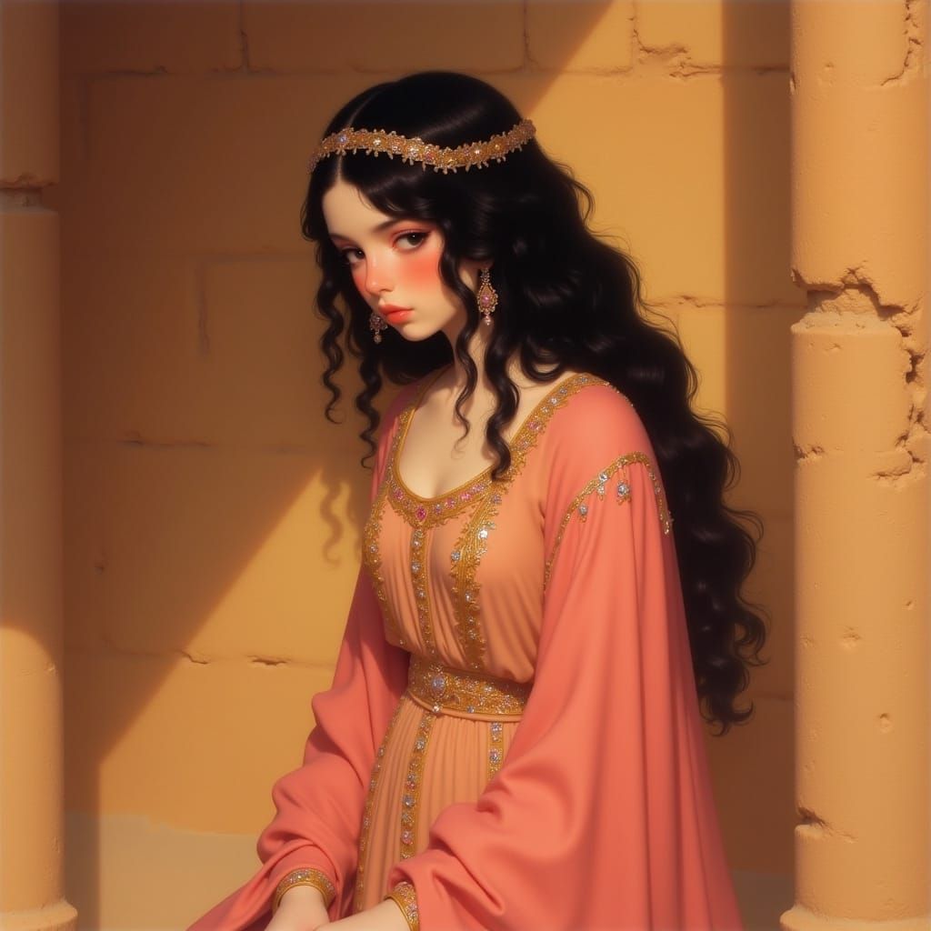 Biblical-Era Jewish Woman in Elegant Pink Gown with Golden E...