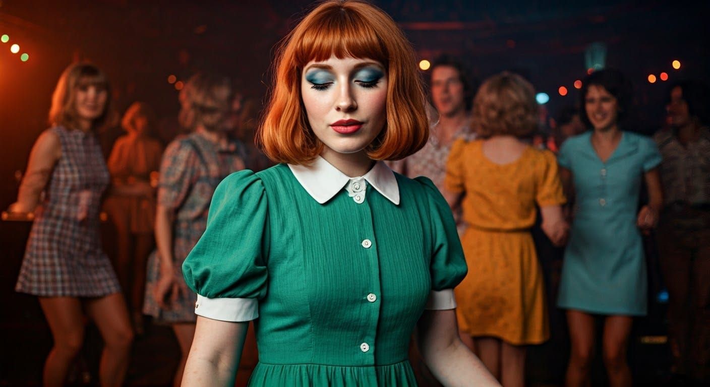 Young Woman Dances on 1970s Nightclub Dancefloor