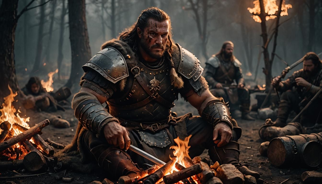 Armored Barbarian at Campfire in Cinematic Style