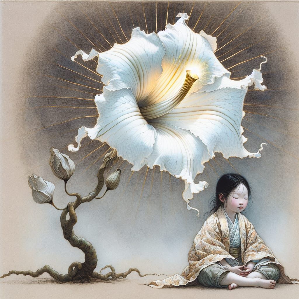 Whimsical Girl with Trumpet Flower in Soft Watercolor Style