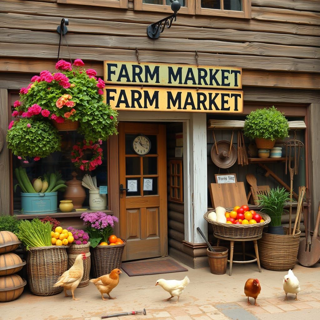 Quaint Farm Market Storefront in a Whimsical Village Setting