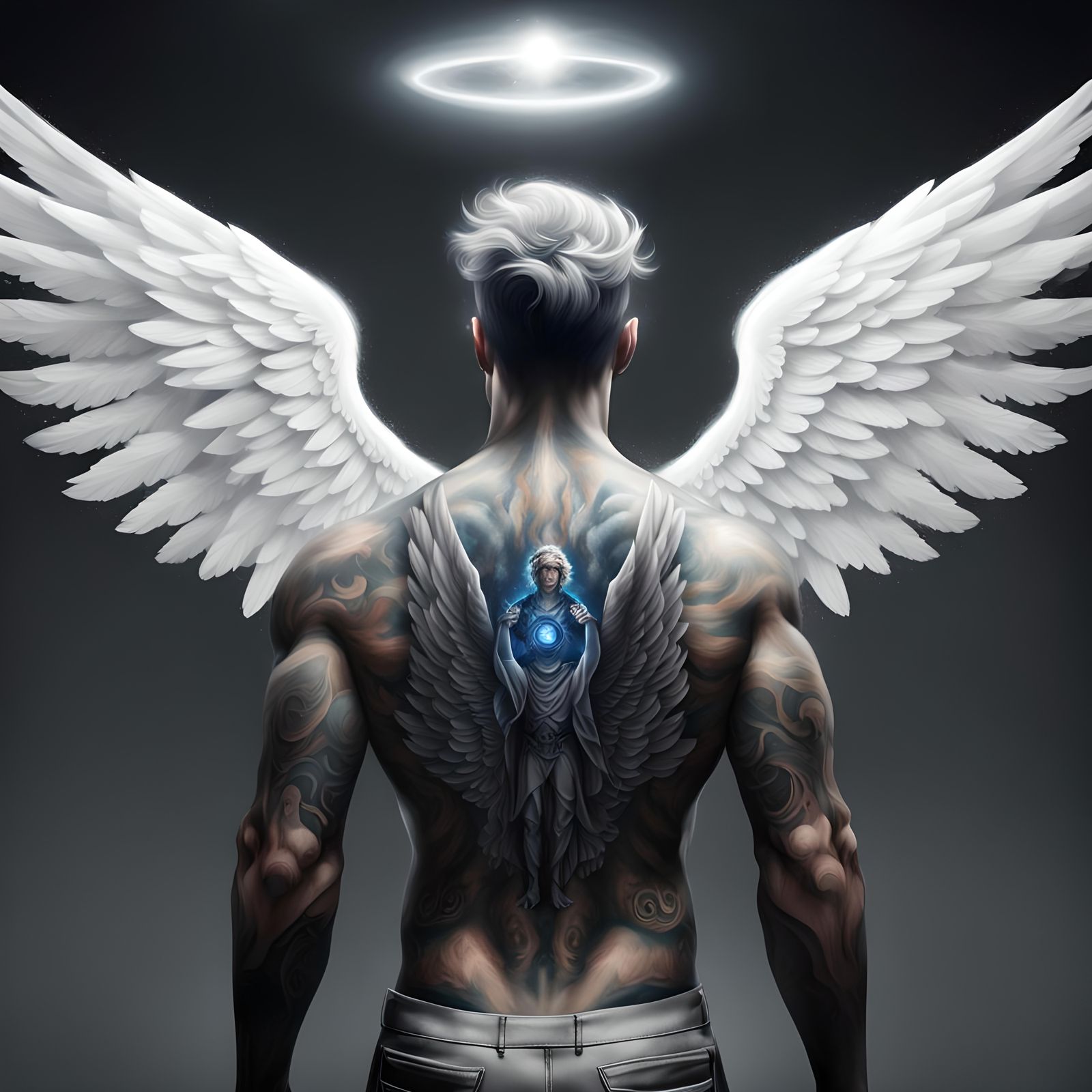 Ascending Angel with Halo in Hyperrealistic Style