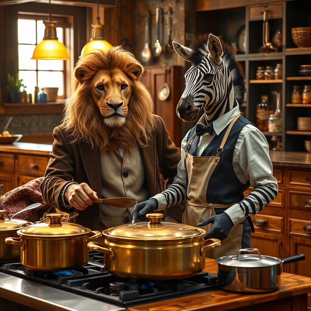 Lion and Zebra Cooking in a Cozy Cinematic Kitchen