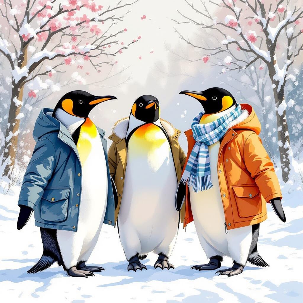 Three Penguins in Jackets on a Spring Walk