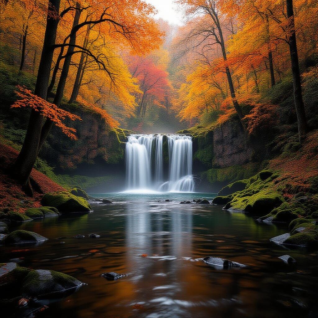 Hidden Waterfall in Glowing Autumn Forest