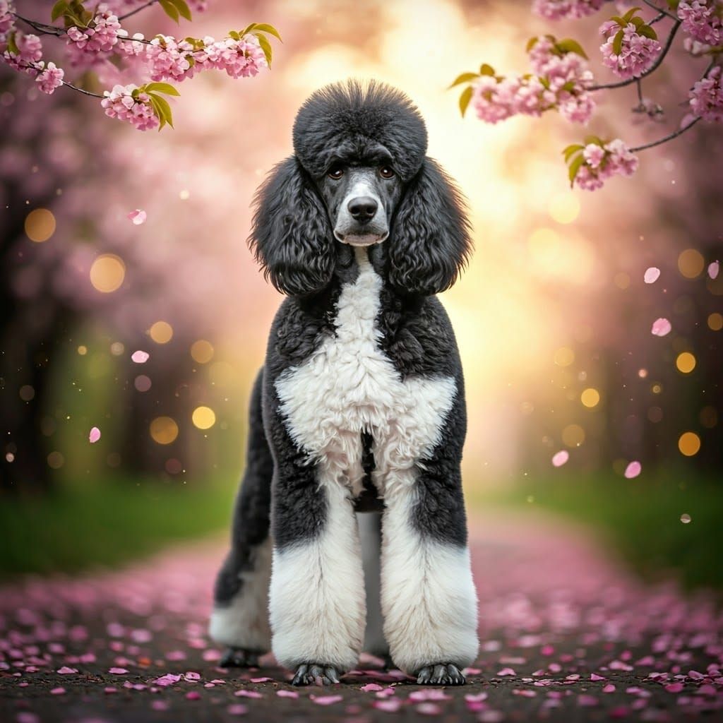 Poodle in Cherry Blossom Garden, Hyperrealistic Fantasy Art