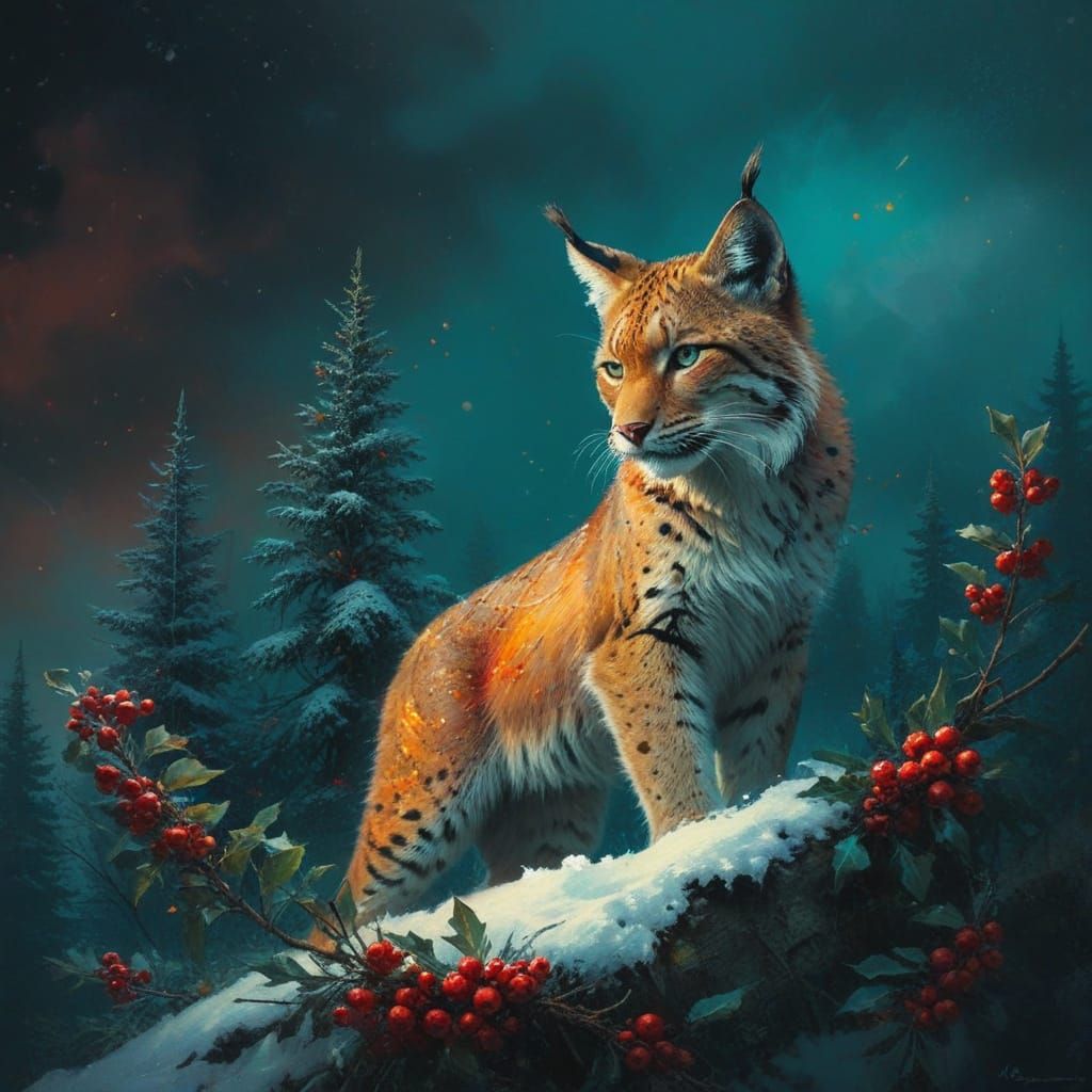 Midnight Lynx Amidst Winter Blooms in Vibrant Grunge Style
