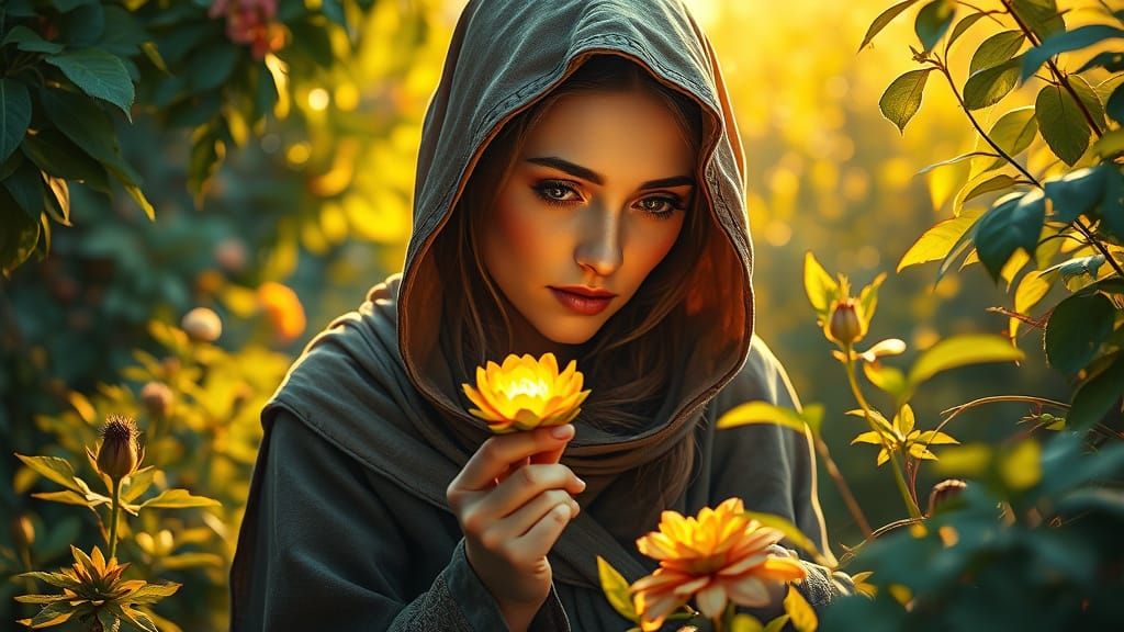 Peasant Woman Tends Mystical Garden in Neo-Impressionist Sty...