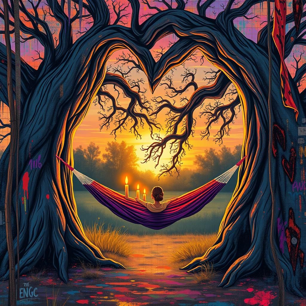 Heart Clearing Hammock Scene in Surreal Digital Art Style