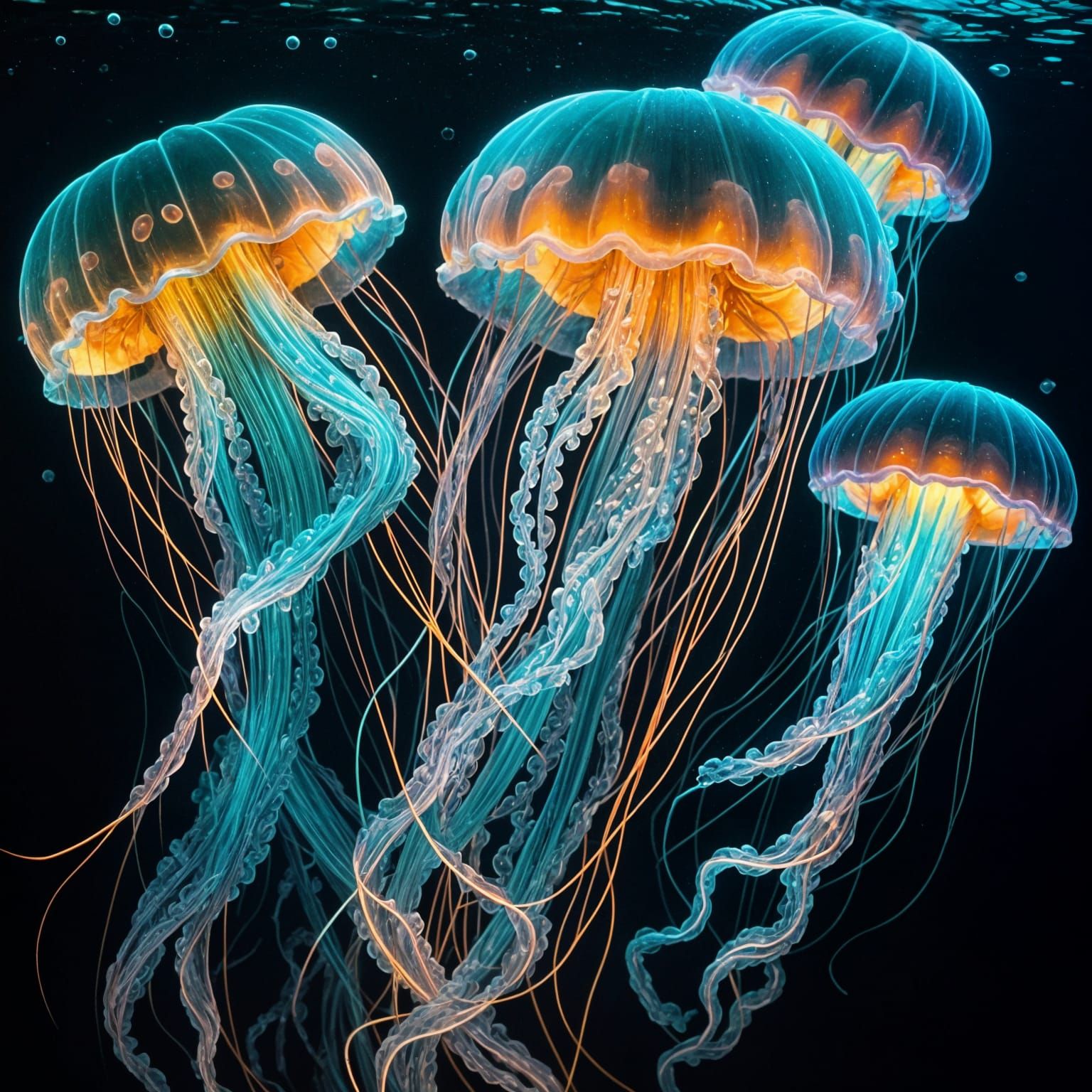 Bioluminescent Neon Jellyfish in Dark Water