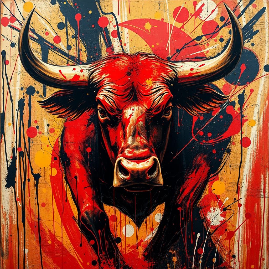 Surreal Abstract Bull Charging in Crimson and Black