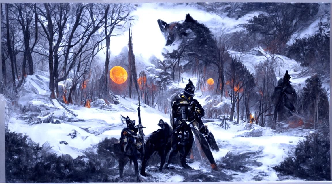 Knight in Winter Forest Pursued by Wolves