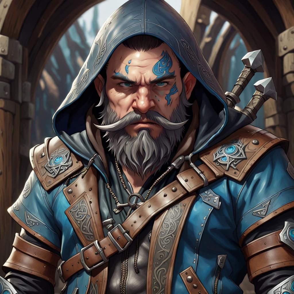 Detailed Dwarf Portrait with Blue Tattoo, Hyperrealistic Art