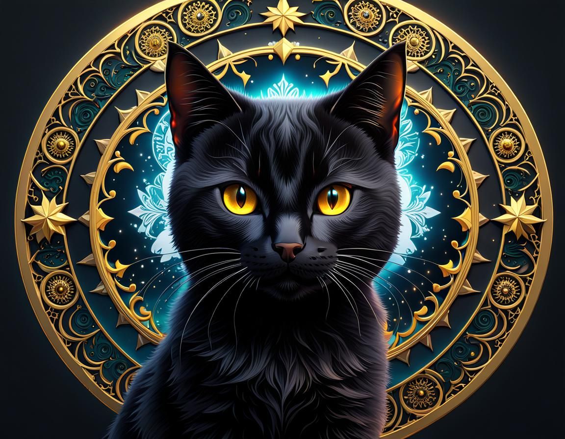 Christmas Black Cat Mandala with Yellow Eyes