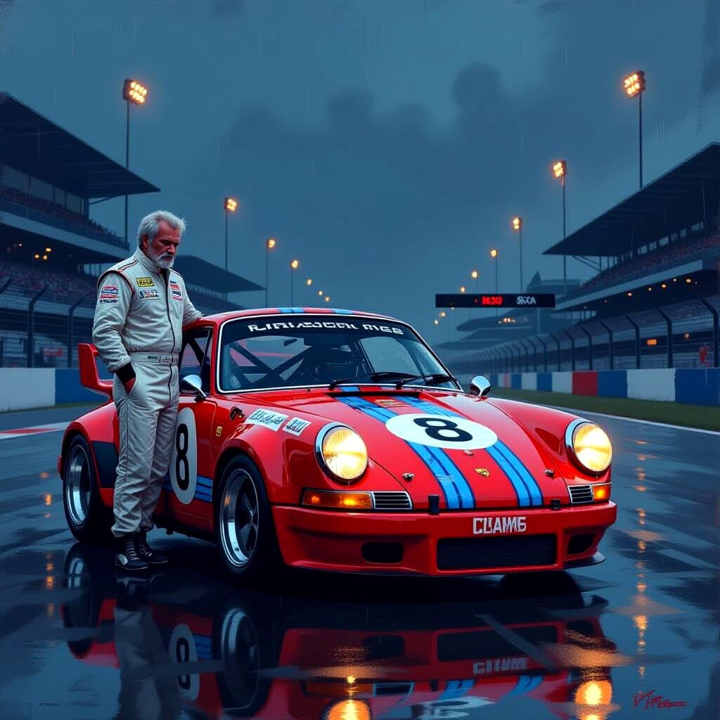 Grizzled Driver and Martini Porsche at Dusk Pit Lane