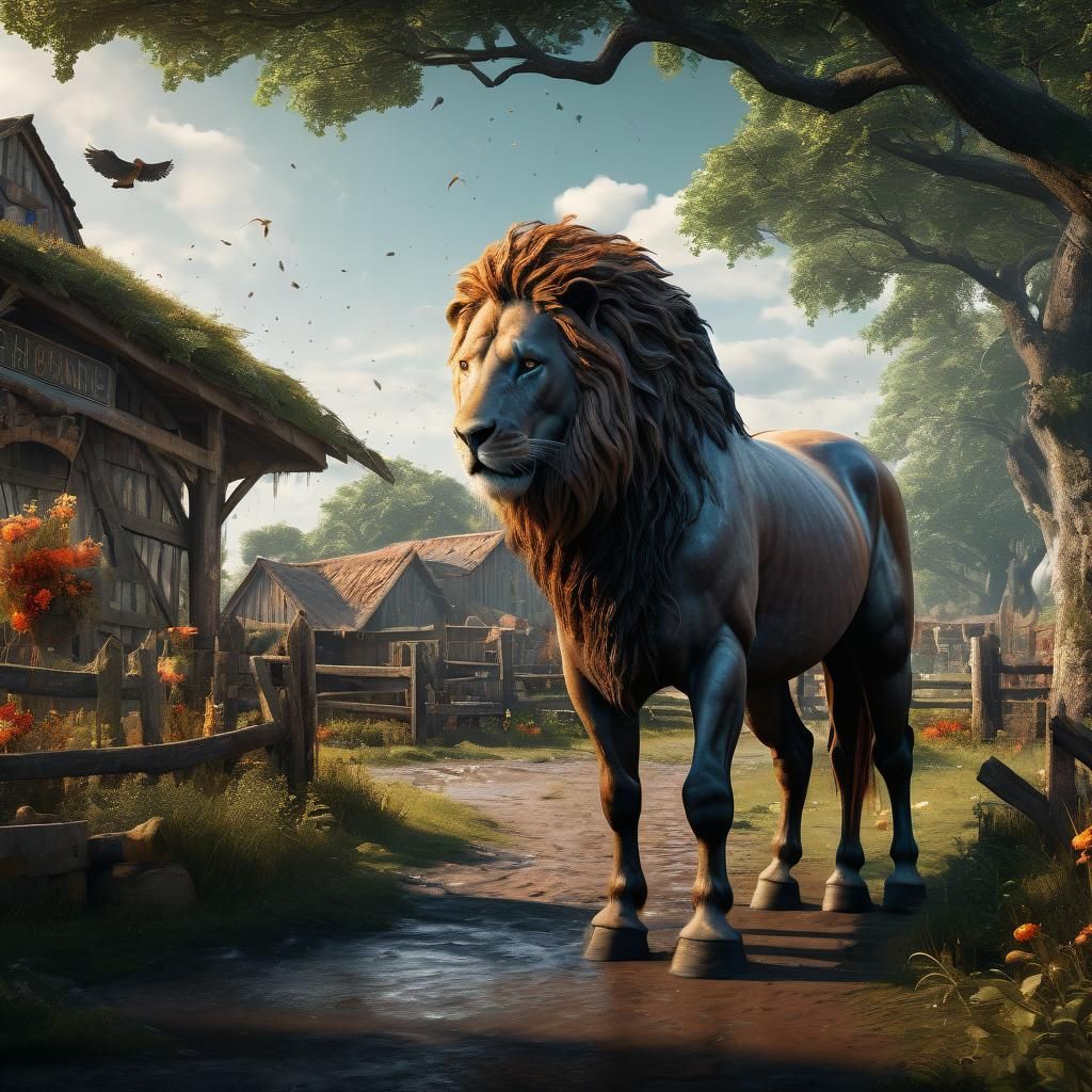 Horse and Lion Farm Scene in Fantasy Concept Art