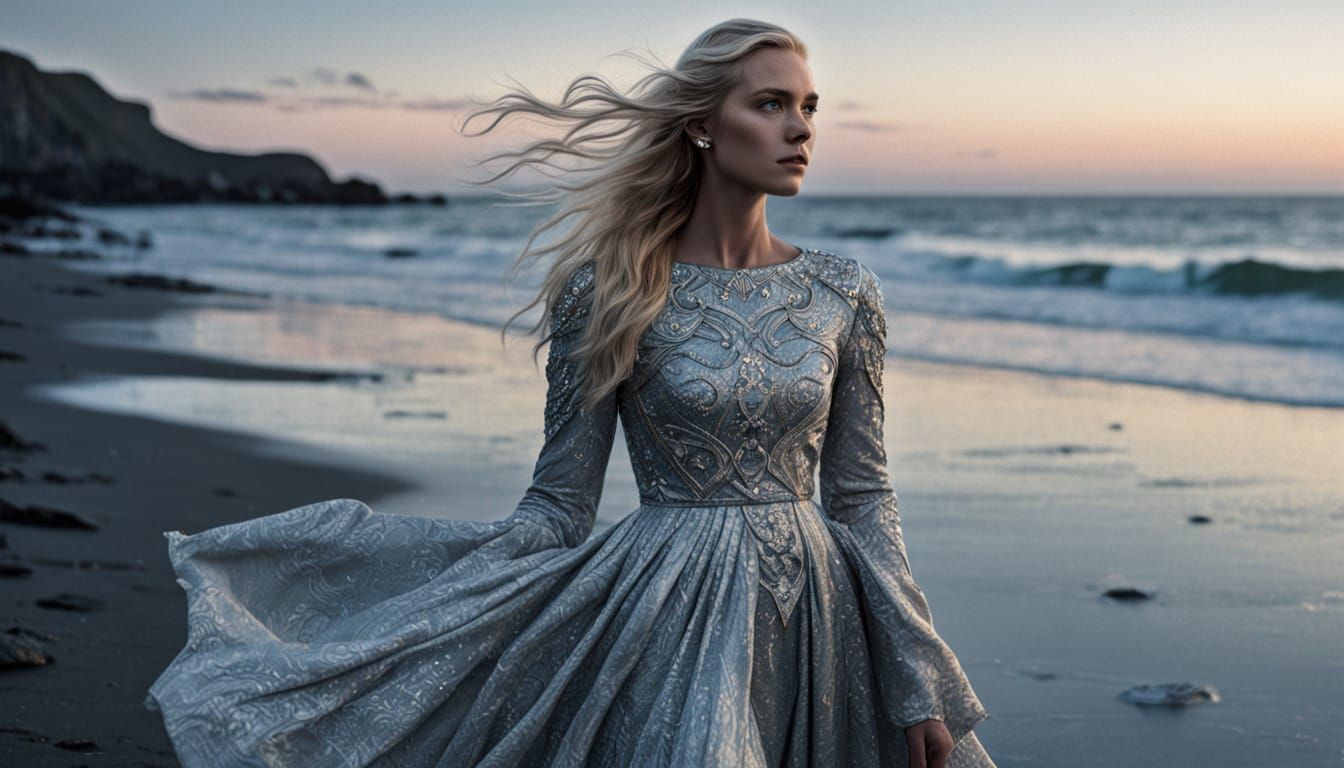 Silver Dress on Norwegian Beach in Fantasy Style