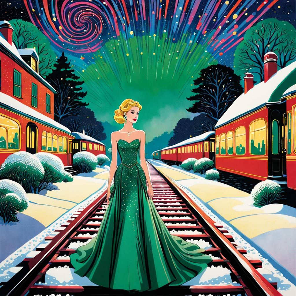 Bride in Elegant Wedding Gown Poses on Vibrant Train Platfor...