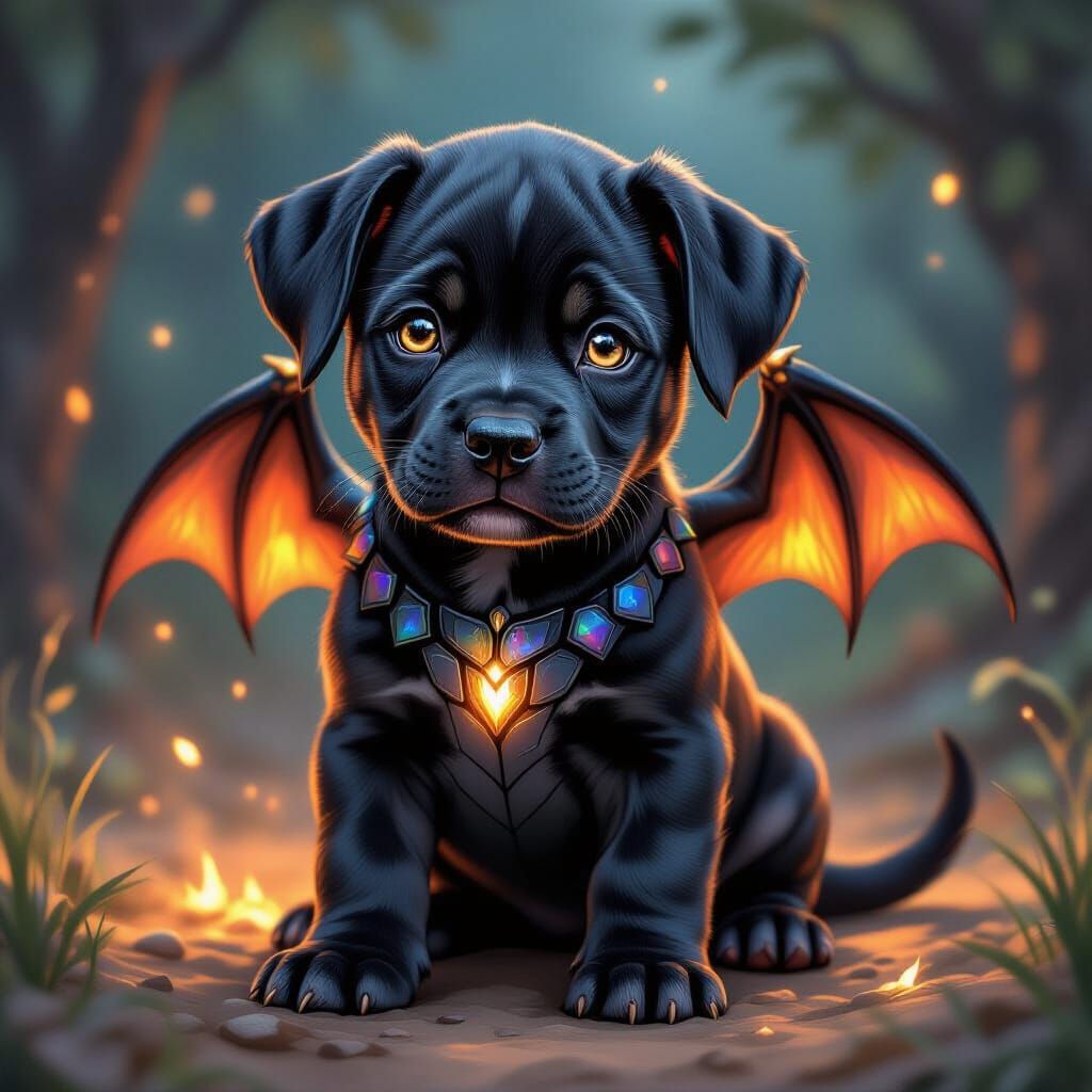 Black Pitbull Dragon Hound Puppy with Iridescent Wings