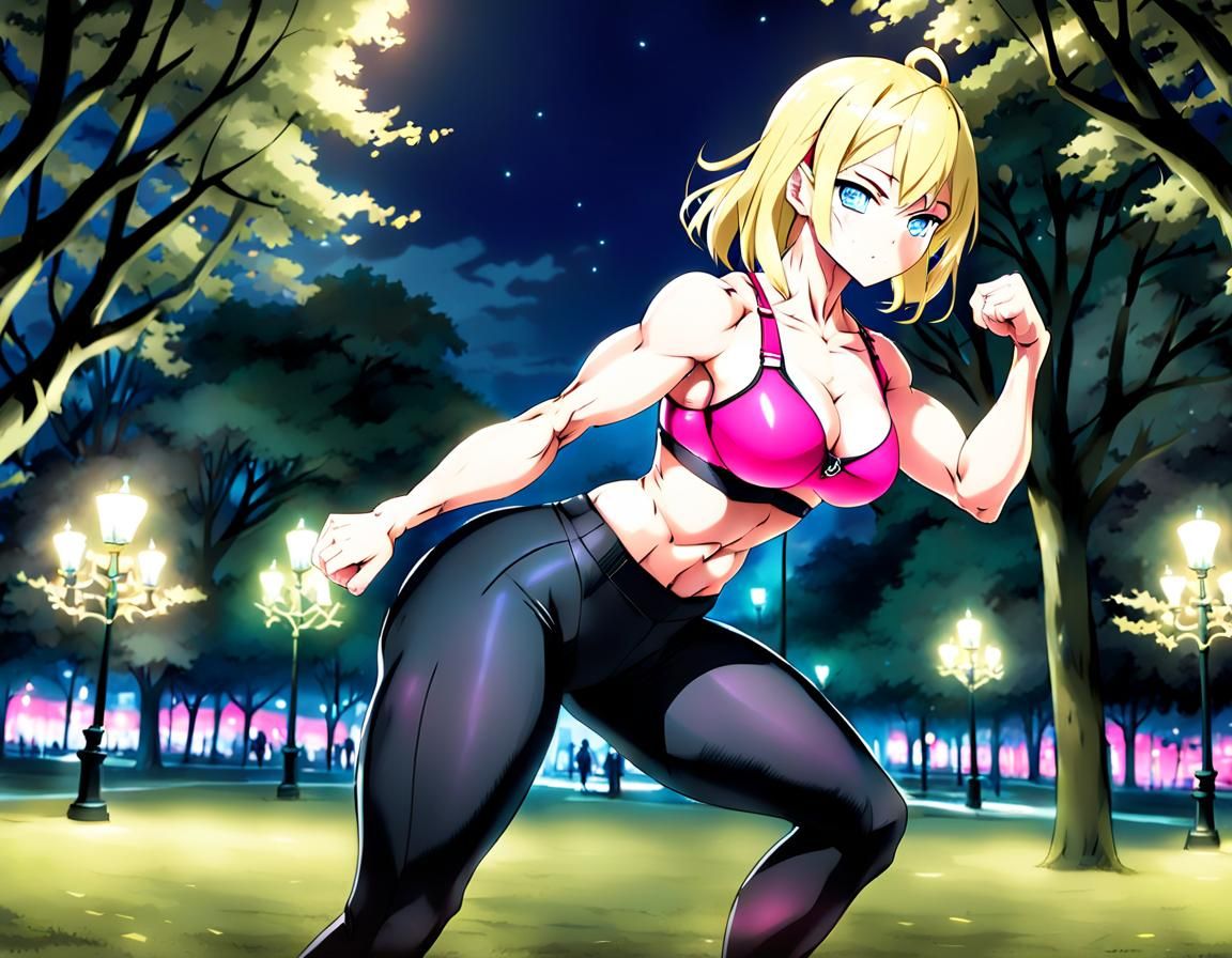 Muscular Woman in Park at Night, Manga Style