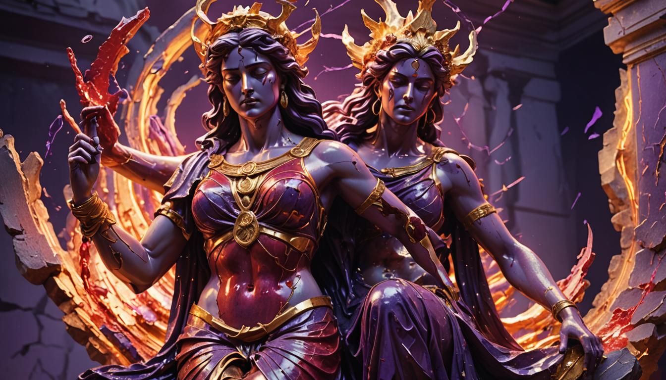 Cracked Goddess Statue with Neon Aura, 3D Render