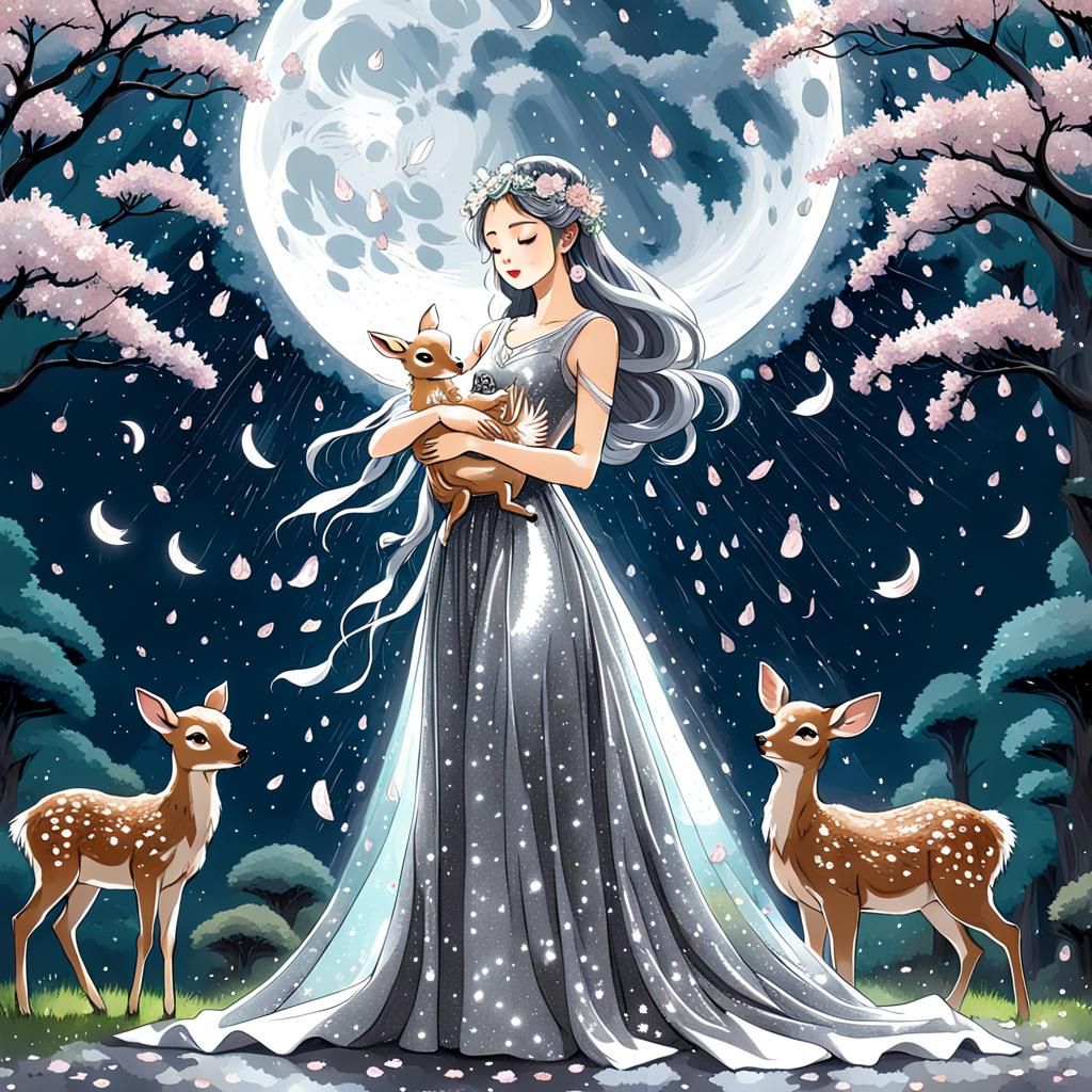 Ghibli Moon Goddess with Baby Deer