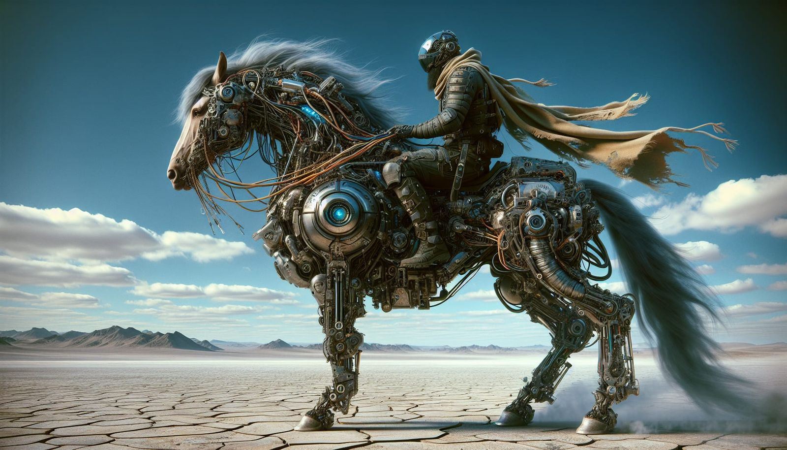 Cyberpunk Warrior Rides Horse-Inspired Motorcycle in Desert
