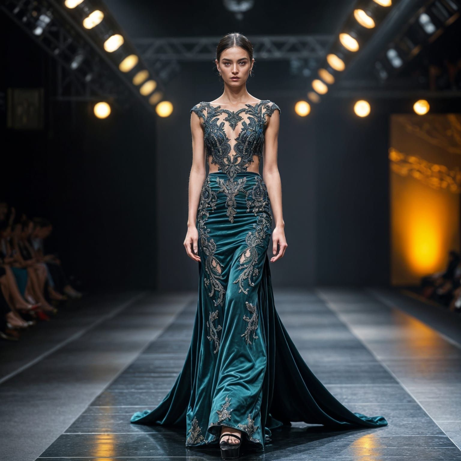 Regal Model Walks Haute Couture Runway in Emerald Velvet Gow...