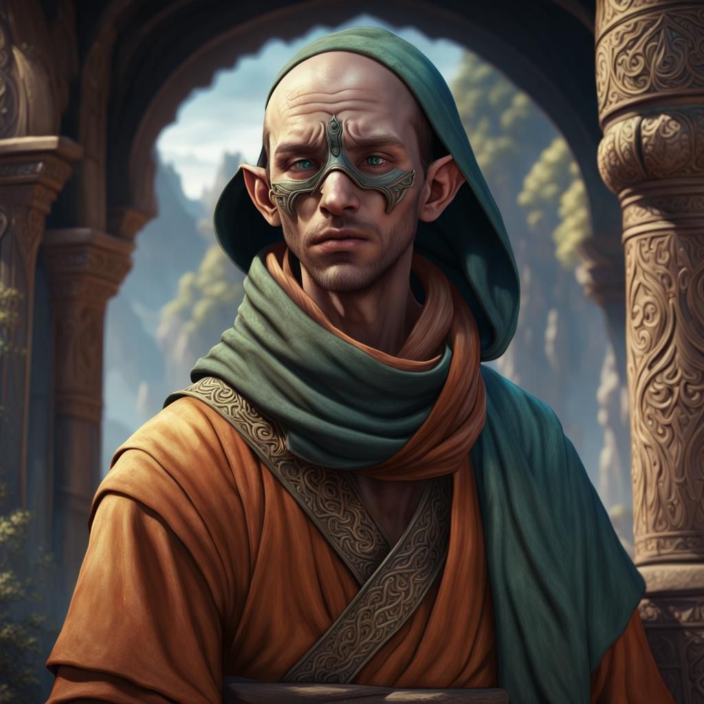 Blind Half-Elf Monk: Detailed Matte Painting