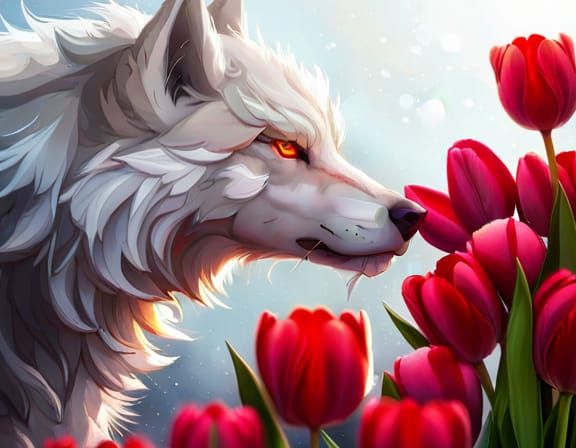 White Wolf Sniffs Red Tulips in Snow