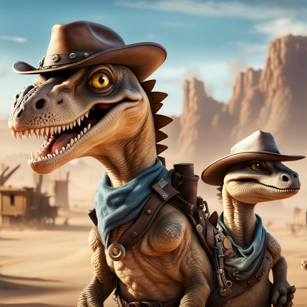 Baby Dinosaurs Western Shootout in Detailed Matte Painting