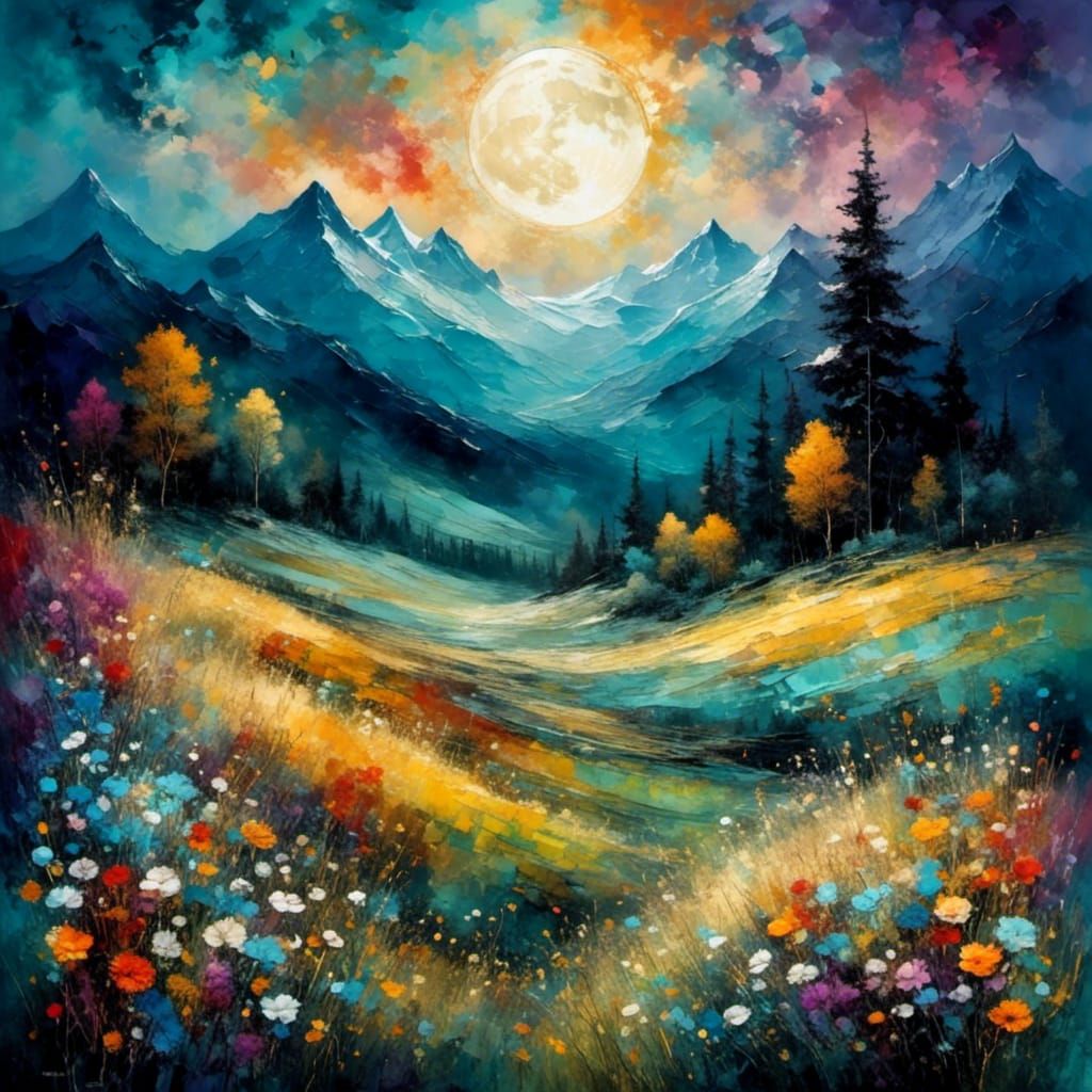 Enchanted Moonlit Meadow in Expressionist Style