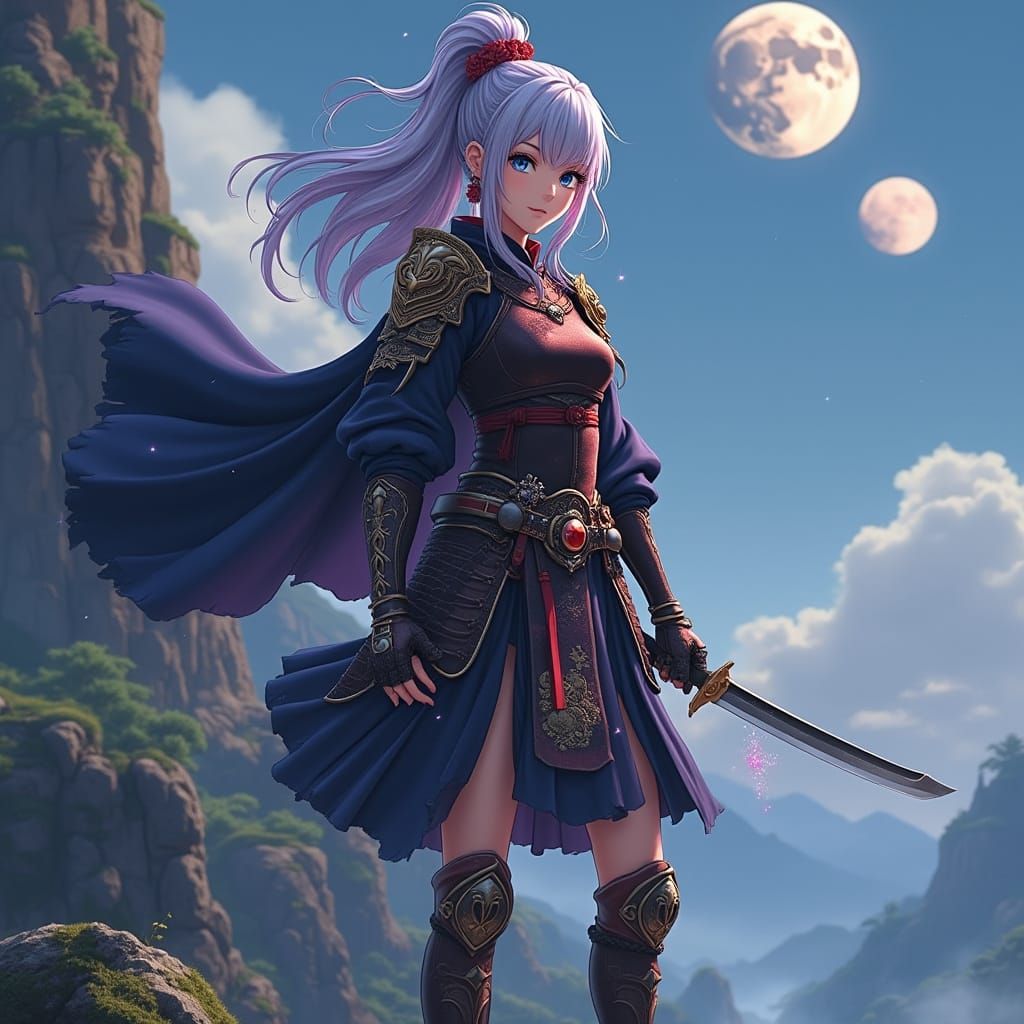 Heroic Young Samurai Maiden Under Twin Moons