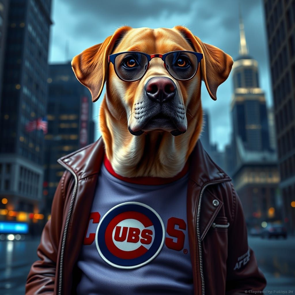 Tan Labrador as Ferris Bueller in Chicago Cityscape