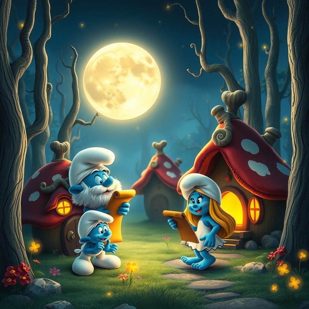 Whimsical Smurfs Village Under a Glowing Moon