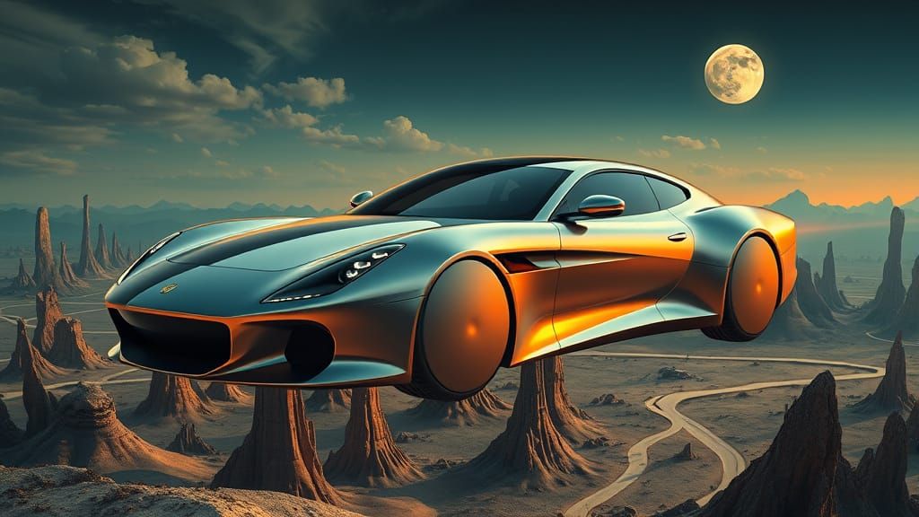 Surrealist Car Suspended in Mid-Air, Inspired by Dali