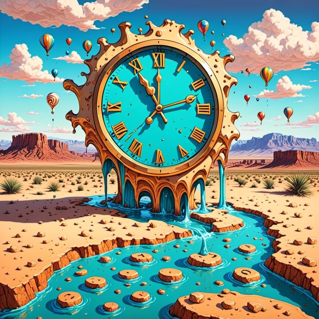 Surreal Melting Clock in Desert Landscape